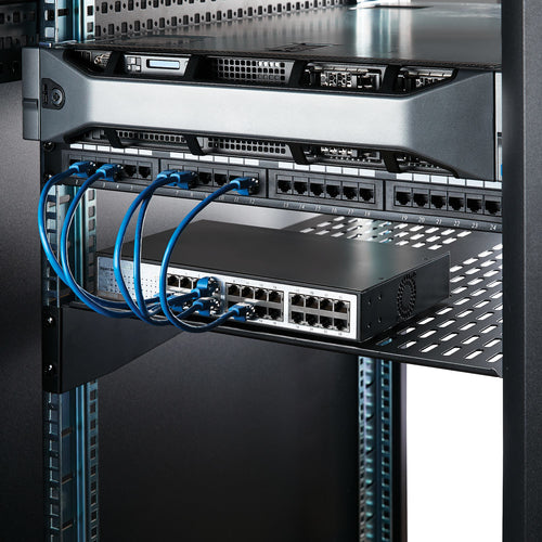 StarTech.com 2U Server Rack Shelf - Universal Vented Rack Mount Cantilever Tray for 19" Network Equipment Rack & Cabinet - Heavy Duty Steel – Weight Capacity 50lb/23kg - 22" Deep Shelf, Black
