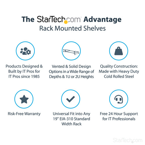 StarTech.com 2U Server Rack Shelf - Universal Rack Mount Cantilever Shelf for 19" Network Equipment Rack & Cabinet - Heavy Duty Steel – Weight Capacity 50lb/23kg - 22" Deep Tray, Black