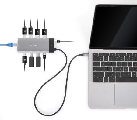 Manhattan USB-C Dock/Hub, Ports (x10): Ethernet, HDMI (x2 8k), USB-A (x5) and USB-C (x2), With Power Delivery (100W) to USB-C Port (Note additional USB-C wall charger and USB-C cable needed), USB 3.2 Gen 2, All Ports can be used at the same time,