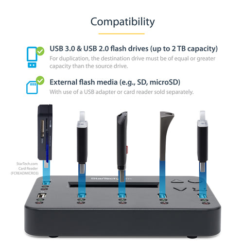 StarTech.com Standalone 1 to 5 USB Thumb Drive Duplicator and Eraser, Multiple USB Flash Drive Copier, System and File and Whole-Drive Copy at1.5 GB/min, Single and 3-Pass Erase, LCD Display - TAA
