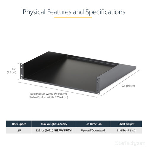 StarTech.com 2U Server Rack Shelf - Universal Rack Mount Cantilever Shelf for 19" Network Equipment Rack & Cabinet - Heavy Duty Steel – Weight Capacity 125lb/56kg - 18" Deep Tray, Black