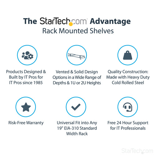 StarTech.com 2U Server Rack Shelf - Universal Rack Mount Cantilever Shelf for 19" Network Equipment Rack & Cabinet - Heavy Duty Steel – Weight Capacity 125lb/56kg - 18" Deep Tray, Black
