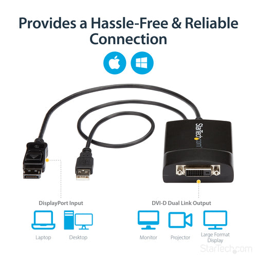 StarTech.com DisplayPort to DVI Dual Link Active Adapter - DisplayPort to DVI-D Adapter Video Converter 2560x1600 60Hz - DP 1.2 to DVI Monitor - USB Powered - Latching DP Connector