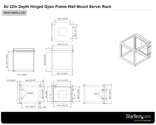 StarTech.com 8U Hinged Open Frame Wall-Mount Server Rack - 22 in. Deep