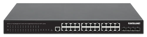 Intellinet 28-Port L2+ Fully Managed PoE+ Switch with 24 Gigabit Ethernet Ports and 4 SFP+ Uplinks IEEE 802.3at/af (PoE+/PoE) Compliant, 370 W PoE Power Budget, Layer 2+/Layer 3 Lite, Four 10G SFP+ Open Slots, Self-Healing Network, 19" Rackmount