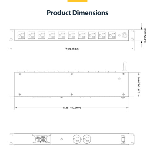 StarTech.com 12-Outlet Horizontal Rack Mount Metered PDU, 1U Server Power Strip w/Surge Protector, 125V/15A, 8ft (2.4m) Power Cable, Power Distribution Unit, TAA