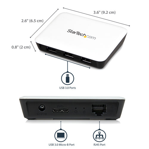 StarTech.com USB 3.0 to Gigabit Ethernet NIC Network Adapter with 3 Port Hub - White