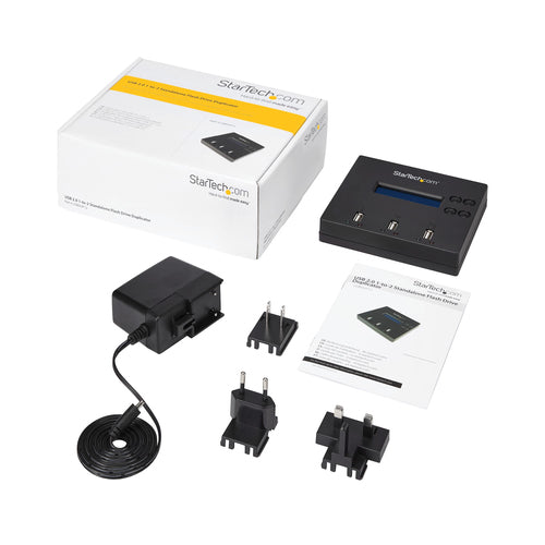 StarTech.com Standalone 1 to 2 USB Thumb Drive Duplicator and Eraser, Multiple USB Flash Drive Copier, System and File and Whole-Drive Copy at 1.5 GB/min, Single and 3-Pass Erase, LCD Display - TAA