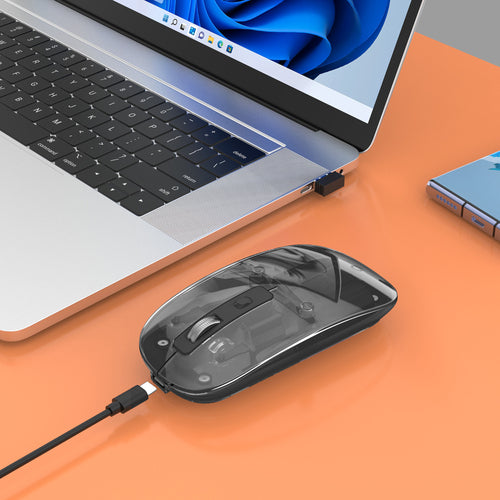 Manhattan Transparent Rechargeable Wireless Mouse, Clear/Black, Adjustable 800/1200/1600dpi, With RGB LED light, 2.4Ghz (effective range up to 10m), USB, Optical, Ambidextrous, Four Button with Scroll Wheel, Slim Design, USB-A micro receiver, Lithium Ion