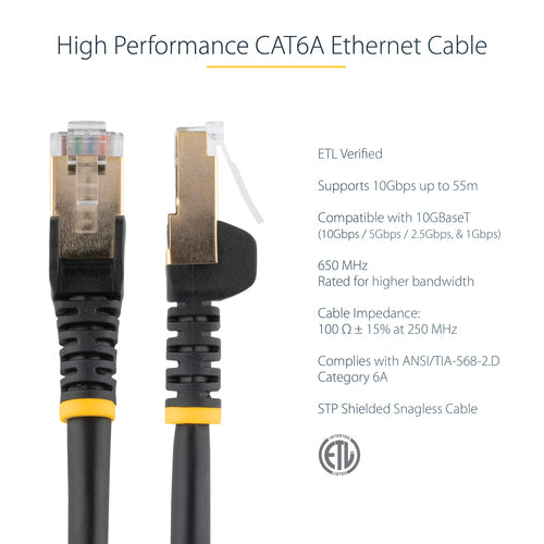 StarTech.com 10ft CAT6a Ethernet Cable - 10 Gigabit Shielded Snagless RJ45 100W PoE Patch Cord - 10GbE STP Network Cable w/Strain Relief - Black Individually Tested/Wiring is UL Certified/TIA
