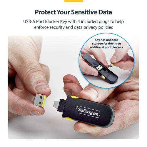 StarTech.com USB-A Port Blocker Key with 4x Locking USB-A Dust Cover Plugs, Snap-In Reusable Port Protectors for Laptops & Computers