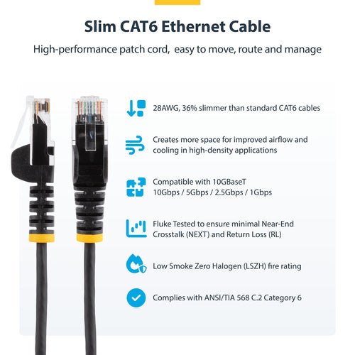 StarTech.com 9in Blue Slim CAT6 Ethernet Cable, Snagless, 100W PoE, UTP, LSZH, 28AWG Pure Bare Copper Wire, Slim RJ45 Network Patch Cord w/Strain Reliefs, Individually Tested