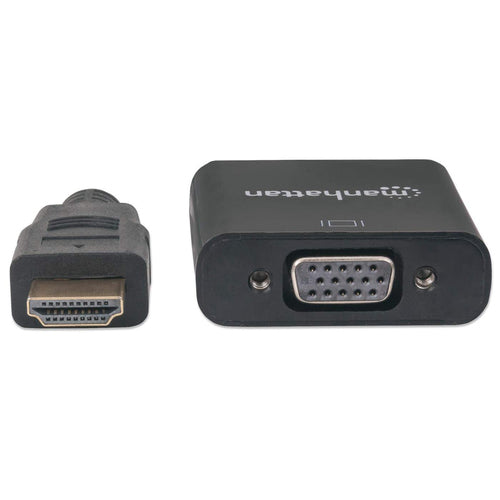 Manhattan HDMI to VGA Converter cable, 1080p, 30cm, Male to Female, Micro-USB Power Input Port for additional power if needed, Black, Three Year Warranty, Equivalent to HD2VGAE2.