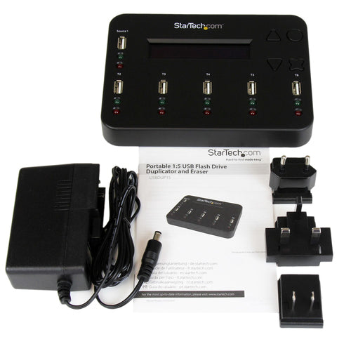 StarTech.com Standalone 1 to 5 USB Thumb Drive Duplicator and Eraser, Multiple USB Flash Drive Copier, System and File and Whole-Drive Copy at1.5 GB/min, Single and 3-Pass Erase, LCD Display - TAA