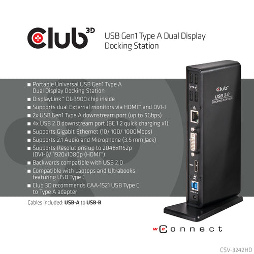 CLUB3D USB Gen1 Type A Dual Display ( HDMI and DVI) DisplayLink™ Docking Station