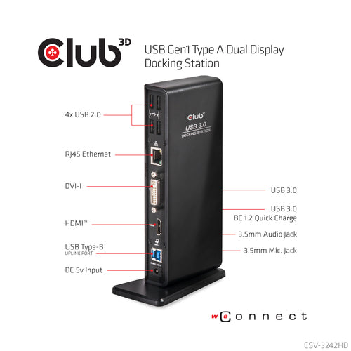CLUB3D USB Gen1 Type A Dual Display ( HDMI and DVI) DisplayLink™ Docking Station