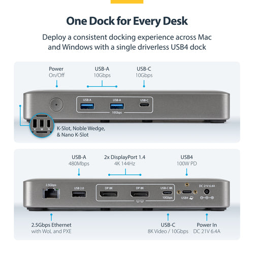 StarTech.com USB4 Docking Station, Driverless Dual 4K for macOS and Windows, Universal USB-C Dock with 100W Laptop Charging and 2.5GbE