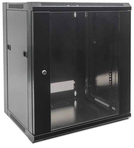 Intellinet 19" Network Cabinet - Wall Mount (Standard), 12U, 450mm Deep, Black, Flatpack, Max 60kg, Suitable also for use on desk or floor, Usable Depth 270mm to 350mm, Metal & Glass Door, Back Panel, Removeable Sides,Parts for wall installation not