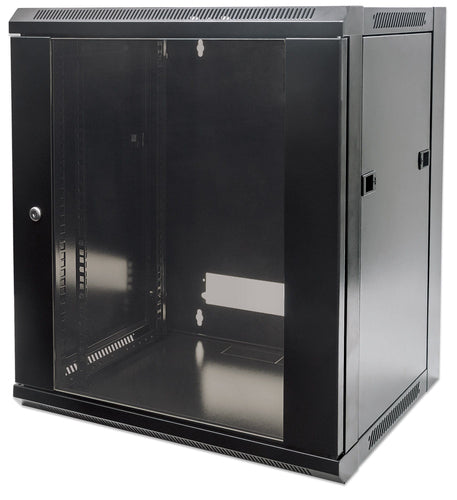 Intellinet 19" Network Cabinet - Wall Mount (Standard), 12U, 450mm Deep, Black, Flatpack, Max 60kg, Suitable also for use on desk or floor, Usable Depth 270mm to 350mm, Metal & Glass Door, Back Panel, Removeable Sides,Parts for wall installation not