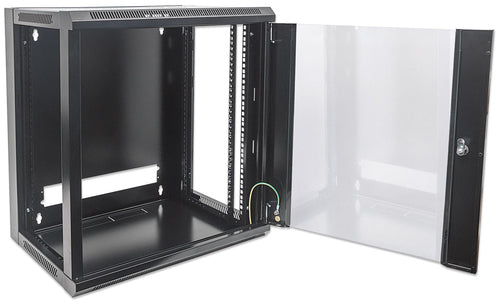 Intellinet 19" Network Cabinet - Wall Mount (Standard), 12U, 450mm Deep, Black, Flatpack, Max 60kg, Suitable also for use on desk or floor, Usable Depth 270mm to 350mm, Metal & Glass Door, Back Panel, Removeable Sides,Parts for wall installation not