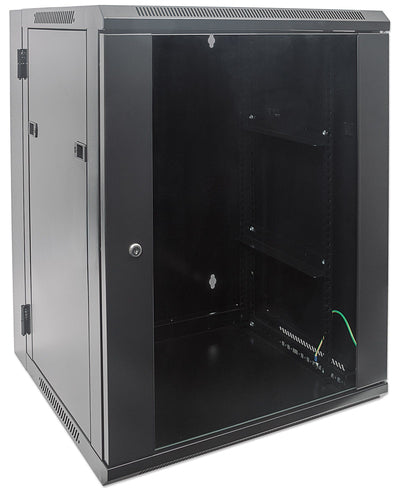Intellinet Network Cabinet, Wall Mount (Double Section Hinged Swing Out), 9U, Usable Depth 425mm/Width 540mm, Black, Assembled, Max 30kg, Swings out for access to back of cabinet when installed on wall, 19", Parts for wall install (eg screws/rawl plugs)