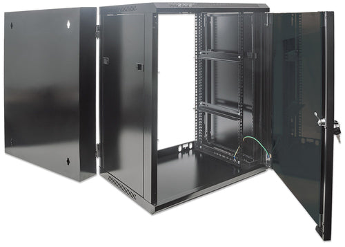 Intellinet Network Cabinet, Wall Mount (Double Section Hinged Swing Out), 9U, Usable Depth 425mm/Width 540mm, Black, Assembled, Max 30kg, Swings out for access to back of cabinet when installed on wall, 19", Parts for wall install (eg screws/rawl plugs)