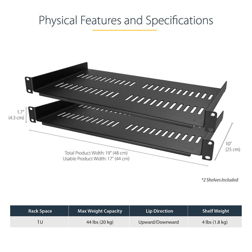 StarTech.com 2-Pack 1U Server Rack Shelf, Vented Rackmount Cantilever Tray for 19" Network Rack or Cabinet, Heavy-Duty 10" (25cm) Deep, Up to 44lb (20kg) Each