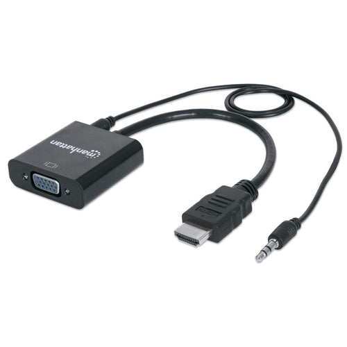 Manhattan HDMI to VGA (with Audio) Converter cable, 1080p, 30cm, Male to Female, Micro-USB Power Input Port for additional power if needed, Black, Three Year Warranty