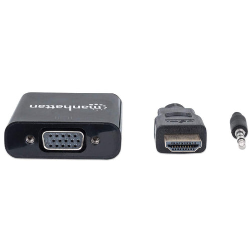 Manhattan HDMI to VGA (with Audio) Converter cable, 1080p, 30cm, Male to Female, Micro-USB Power Input Port for additional power if needed, Black, Three Year Warranty