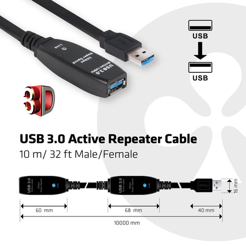 CLUB3D USB 3.0 Active Repeater Cable 10 Meter M/F