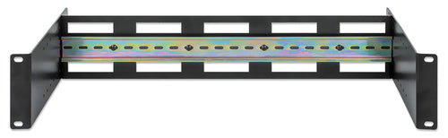 Intellinet Adjustable 19" Rackmount DIN Rail Kit, 2U, Chassis to Mount Top Hat DIN Rail Equipment in a 19 in. Rack, Adjustable Rail Depth of 48 to 174 mm, Aluminum, Black RAL 9005