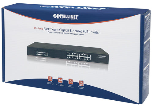 Intellinet 16-Port Gigabit Ethernet PoE+ Switch, 16 x PoE ports, IEEE 802.3at/af Power-over-Ethernet (PoE+/PoE), Endspan, Rackmount