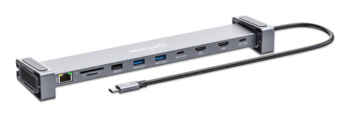 Manhattan USB-C Dock/Hub with Card Reader and MST, Ports (x7): Ethernet, HDMI (x2 4k@60Hz), USB-A (x3) and USB-C, with Power Delivery (PD) 100W- requires external USB-C charger (not included). USB powered (no external power supply required) when PD is
