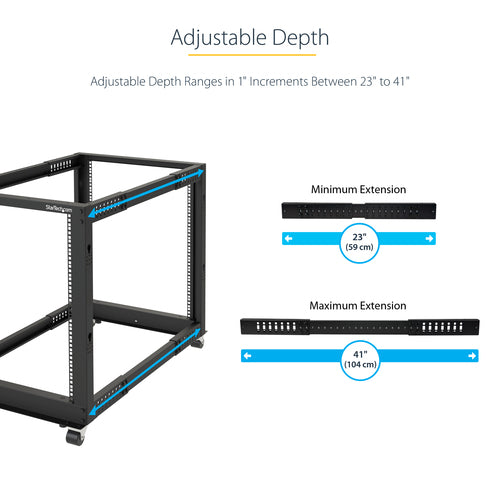 StarTech.com 4-Post 15U Mobile Open Frame Server Rack, Four Post 19" Network Rack with Wheels, Rolling Rack with Adjustable Depth for Computer/AV/Data/IT Equipment - Casters, Leveling Feet or Floor Mounting