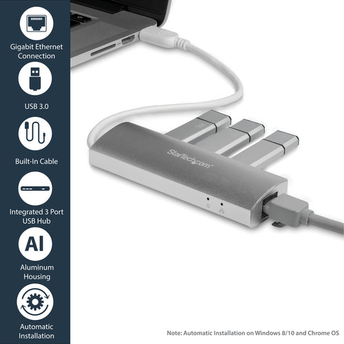 StarTech.com 3-Port Portable USB 3.0 Hub plus Gigabit Ethernet - Built-In Cable~3-Port Portable USB 3.0 Hub plus Gigabit Ethernet - 5Gbps - Built-In Cable