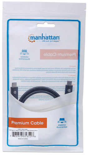 Manhattan USB-C to USB-C Cable, 1m, Male to Male, Black, 10 Gbps (USB 3.2 Gen2 aka USB 3.1), 3A (fast charging), SuperSpeed+ USB, Lifetime Warranty, Equivalent to USB31CC1M