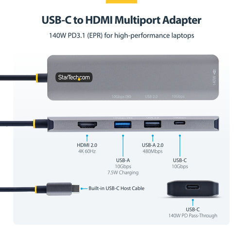 StarTech.com USB-C to HDMI Multiport Adapter with 140W PD Charging, 4K 60Hz, USB 10Gbps Hub, Type-C Mini Dock for MacBook / Dell / Thinkpad / HP
