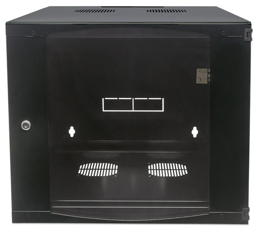 Intellinet 19" Network Cabinet - Wall Mount (Double Section Hinged Swing Out), 9U, 600mm Deep, Black, Flatpack, Max 30kg, Swings out for access to back of cabinet when installed on wall, 19", Usable Depth 385mm, Parts for wall installation not included