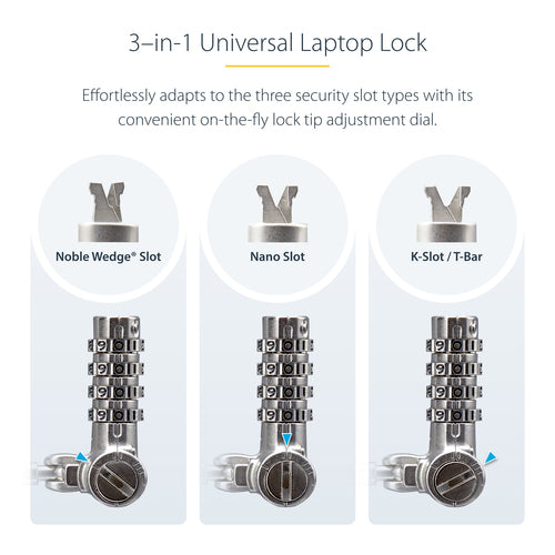 StarTech.com Universal Laptop Lock 6.6ft (2m), Security Cable For Notebook Compatible With Noble Wedge®/Nano/K-Slot; Keyless Combination Locking Cable, Anti-Theft Cut-Resistant Steel Cable