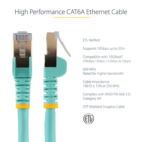 StarTech.com 7ft CAT6a Ethernet Cable - 10 Gigabit Shielded Snagless RJ45 100W PoE Patch Cord - 10GbE STP Network Cable w/Strain Relief - Aqua Individually Tested/Wiring is UL Certified/TIA