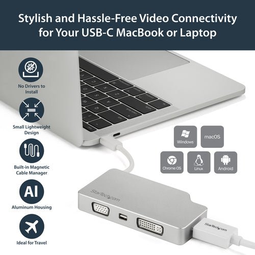 StarTech.com USB C Multiport Video Adapter with HDMI, VGA, Mini DisplayPort or DVI - USB Type C Monitor Adapter to HDMI 1.4 or mDP 1.2 (4K) - VGA or DVI (1080p) - Silver Aluminum