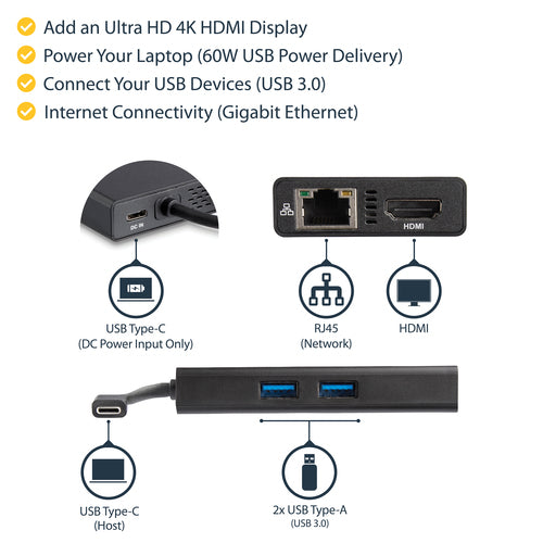 StarTech.com USB-C Multiport Adapter - USB-C Travel Docking Station with 4K HDMI - 60W Power Delivery Pass-Through, GbE, 2pt USB-A 3.0 Hub - Portable Mini USB Type-C Dock for Laptop