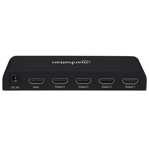 Manhattan HDMI Splitter, 4-Port, 4K@30Hz, AC Powered, Black, Three Year Warranty, Boxed (With Euro 2-pin plug)