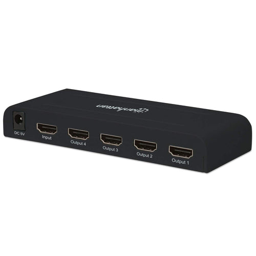 Manhattan HDMI Splitter, 4-Port, 4K@30Hz, AC Powered, Black, Three Year Warranty, Boxed (With Euro 2-pin plug)