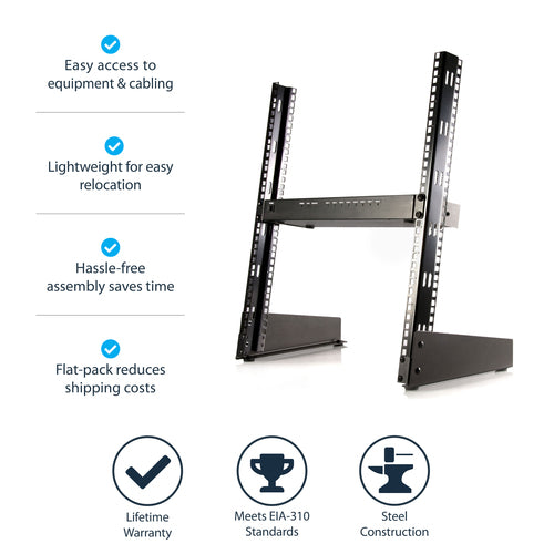 StarTech.com 2-Post 12U Desktop Server Rack, Small Open Frame 19in Computer Rack, Compact Network Rack for AV / Studio / Data / IT Equipment - Free Standing Two-Post Home/Office Rack
