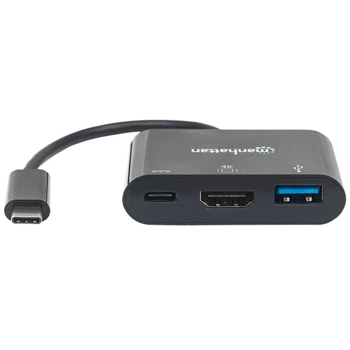Manhattan USB-C Dock/Hub, Ports (x3): HDMI, USB-A and USB-C, 5 Gbps (USB 3.2 Gen1 aka USB 3.0), With Power Delivery (60W) to USB-C Port (Note additional USB-C wall charger and USB-C cable needed), Universal for all devices, Black, Equivalent to CDP2HDUACP
