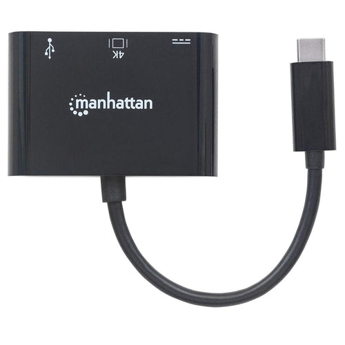 Manhattan USB-C Dock/Hub, Ports (x3): HDMI, USB-A and USB-C, 5 Gbps (USB 3.2 Gen1 aka USB 3.0), With Power Delivery (60W) to USB-C Port (Note additional USB-C wall charger and USB-C cable needed), Universal for all devices, Black, Equivalent to CDP2HDUACP