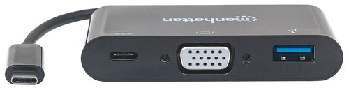 Manhattan USB-C 3-Port Hub/Dock, USB-C to USB-A, USB-C and VGA, 5 Gbps (USB 3.2 Gen1 aka USB 3.0), 1080p@60Hz, Power Delivery to USB-C Port (60W), Cable 8cm, Black, Lifetime Warranty, Blister