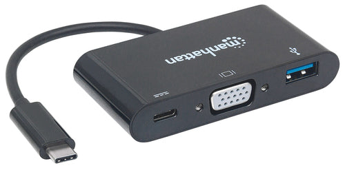 Manhattan USB-C 3-Port Hub/Dock, USB-C to USB-A, USB-C and VGA, 5 Gbps (USB 3.2 Gen1 aka USB 3.0), 1080p@60Hz, Power Delivery to USB-C Port (60W), Cable 8cm, Black, Lifetime Warranty, Blister