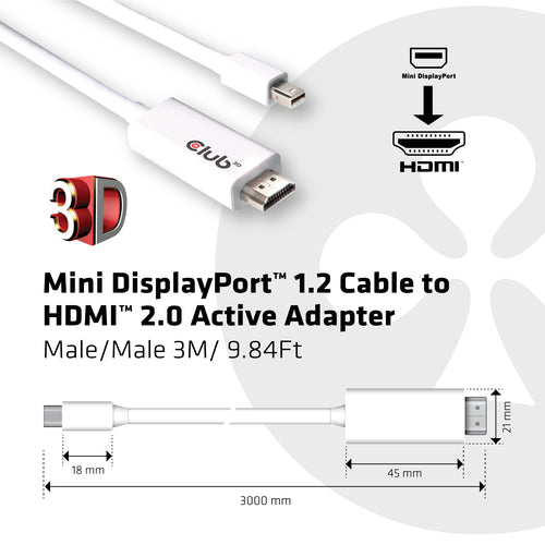 CLUB3D Mini DisplayPort™ 1.2 to HDMI™ 2.0 Active Cable 4K60Hz 3Meter/9.84Feet M/M